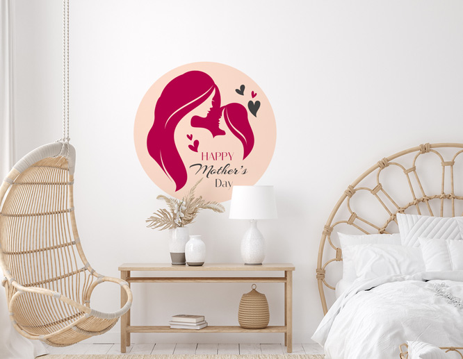 Round cute Mother's Day sign in a round shape adhered to the living-room wall