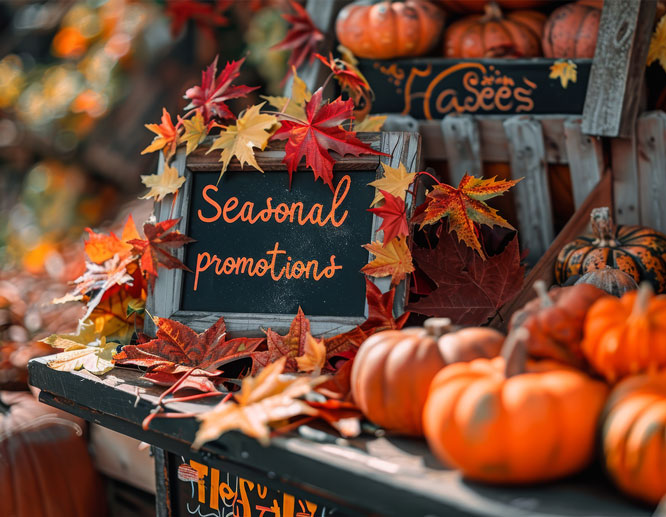 Outdoor market stall decorated with pumpkins and autumn leaves, featuring a chalkboard sign reading “Seasonal promotions.”