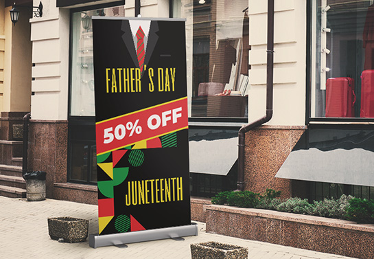 Joint sale sign for Father's Day and Juneteenth with a 50% markdown