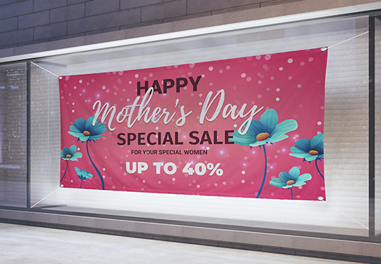 Happy Mother’s Day sale sign in rose color decorated with blue flowers
