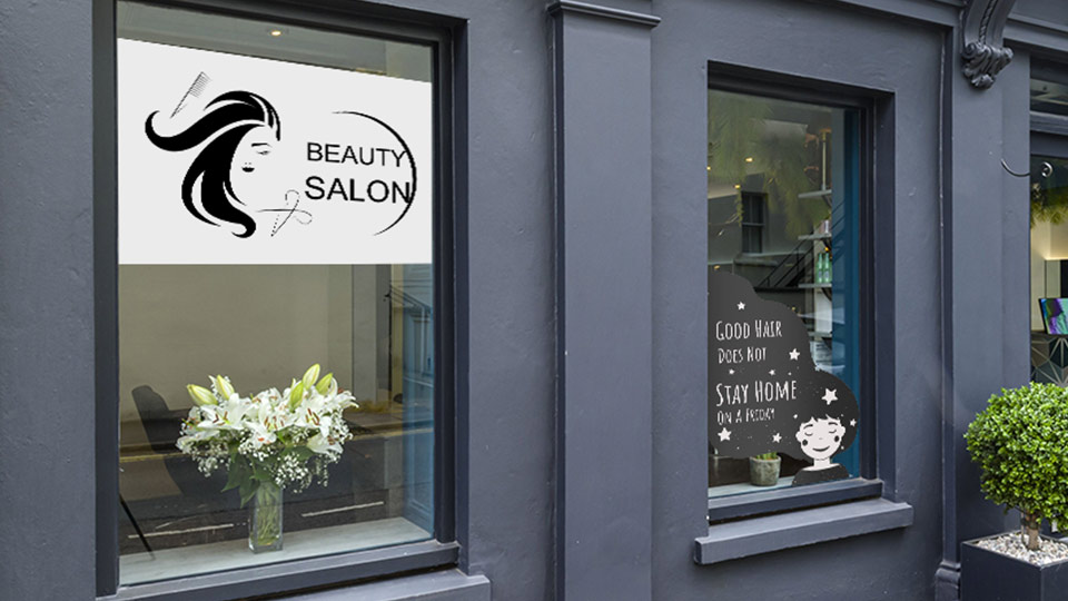 Custom-shaped decorative window adhesives for beauty salons