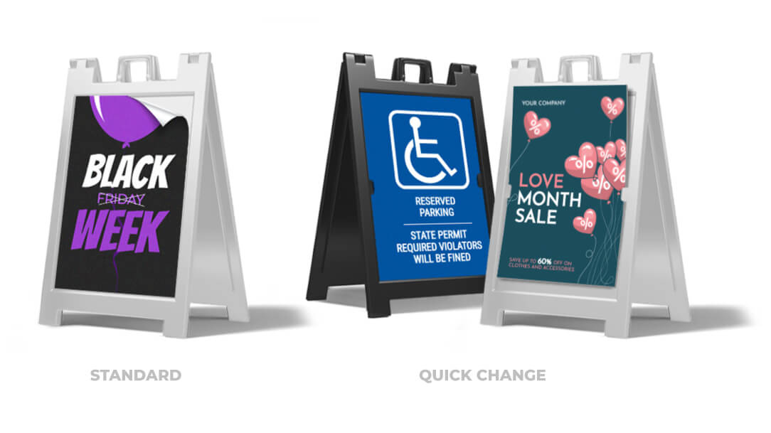 Standard and quick change sandwich board sign types in black and white color options