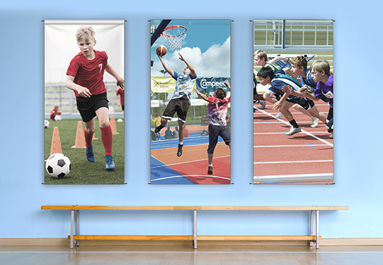 three sports-themed school banner samples