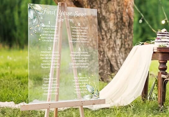 outdoor wedding sign idea displaying a seating chart with floral elements