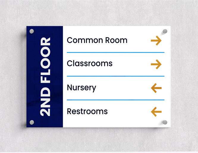 Second floor directional acrylic sign showing Common Room and Classrooms ahead, Nursery and Restrooms behind