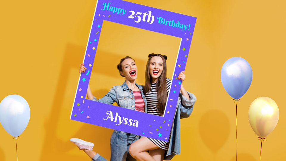 Large selfie frame with a purple background for birthday parties
