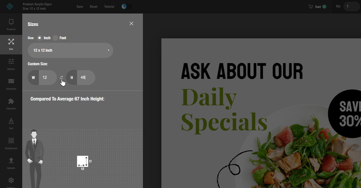 Screenshot of sign design dimensions options for the product's width and height