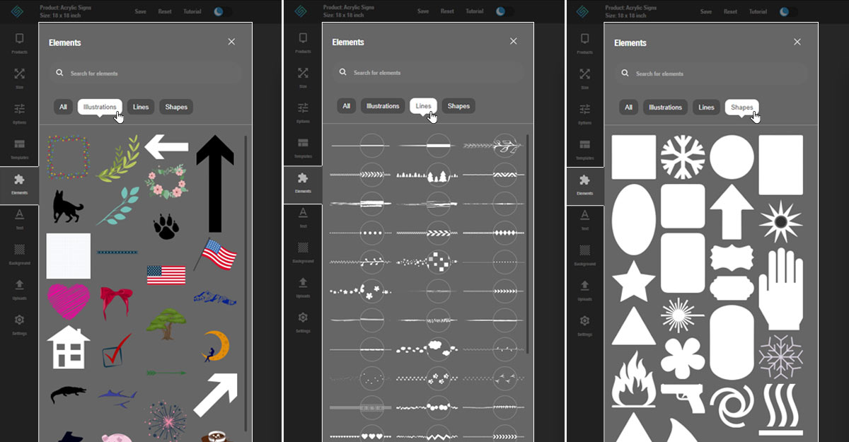 Screenshot of sign design elements selection list of illustration, lines and shapes