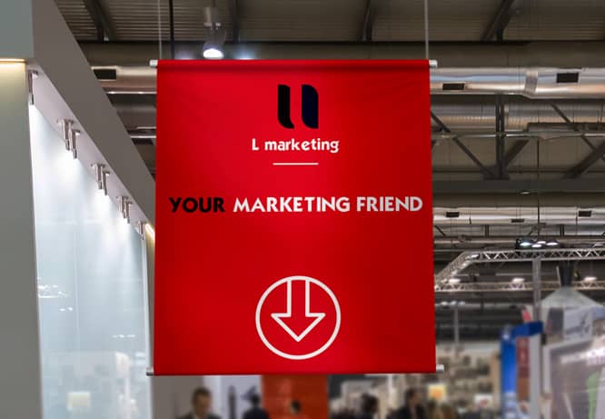 Appealing expo banner design in red with a brand logo and a downward arrow