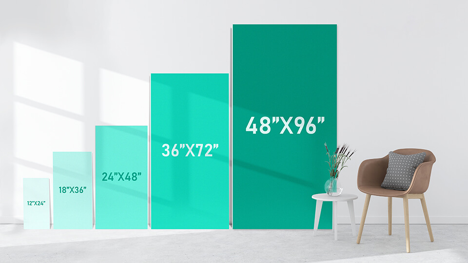 Size chart comparison for gator board printing displayed on an interior wall