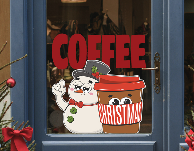 A Christmas window decal displays a cartooned snowman with a cup of coffee, as well as reads "Coffee"