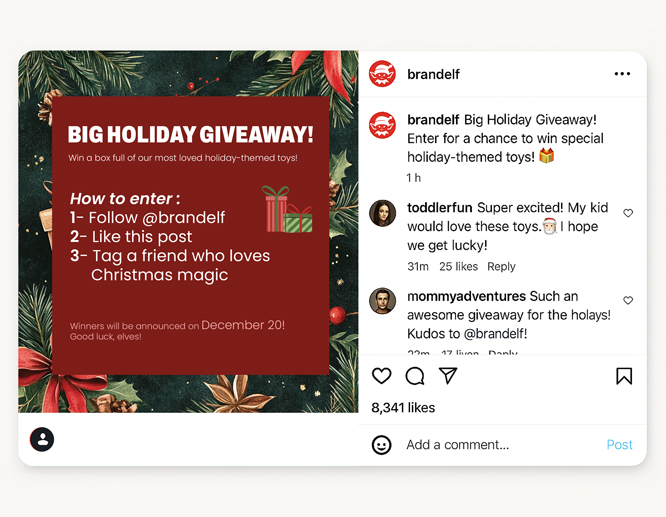 Big holiday Christmas giveaway program for sharing content on social media.