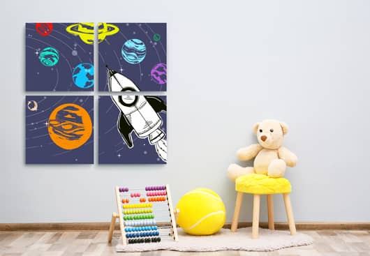 kids wall decor idea with space graphics canvases