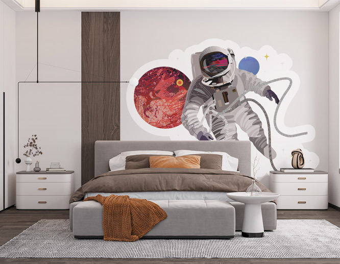 An astronaut and space objects home wall decal in the nursery