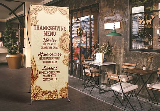 indoor Thanksgiving menu banner in a free-standing style