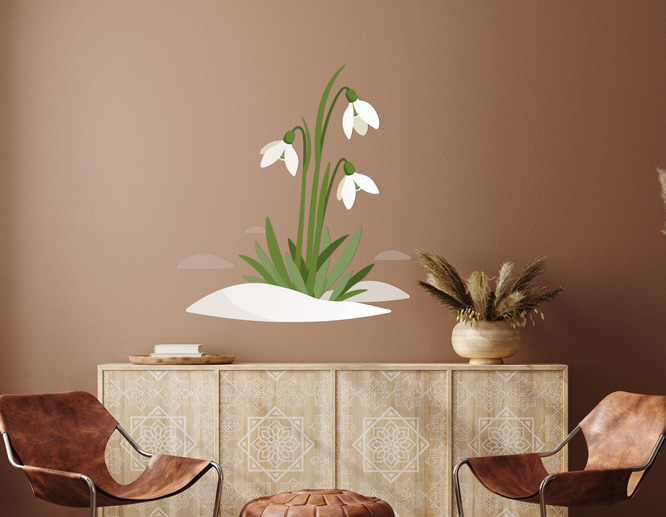 Spring themed living room wall decal with snowdrops