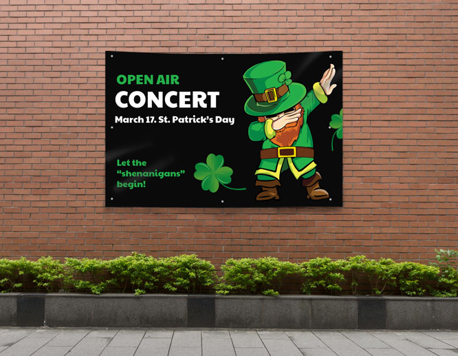 Dark-themed St Patrick's Day banner showcasing a leprechaun and a concert announcement