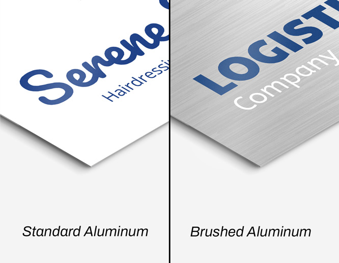 Standard and brushed aluminum signs with blue logo prints.