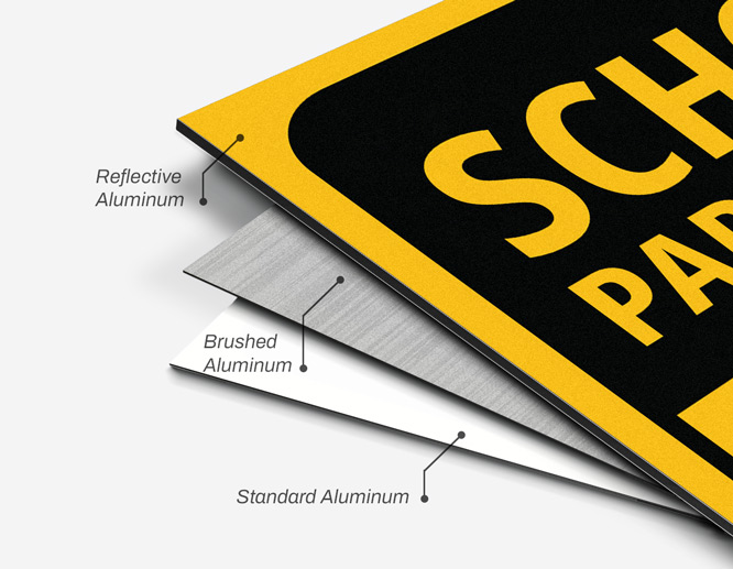 A comparison of standard, brushed, and reflective aluminum signs on top of one another.