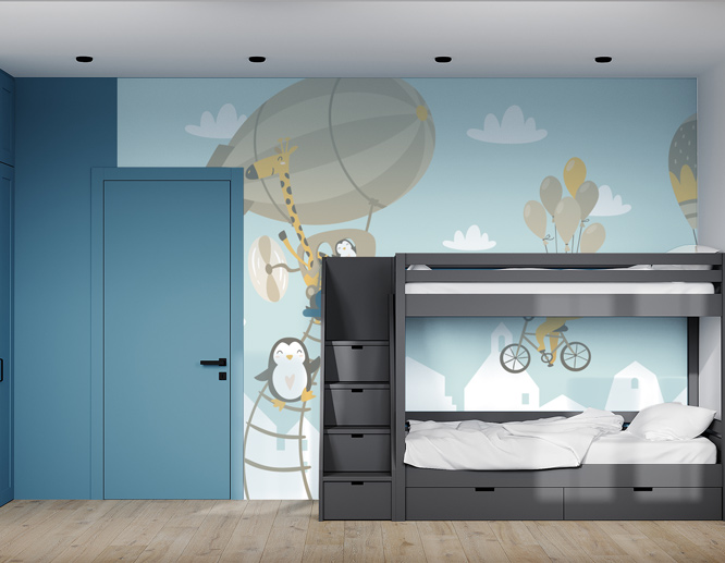 Large scale nursery wall decal displaying a giraffe with a parachute and little penguins