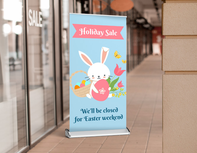 Freestanding We Will Be Closed for Easter sign displaying the Easter bunny