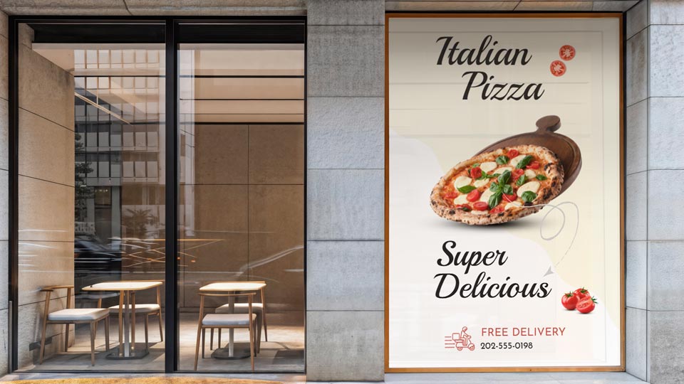 Enticing store window decal for a pizza restaurant featuring an image of a delicious pizza