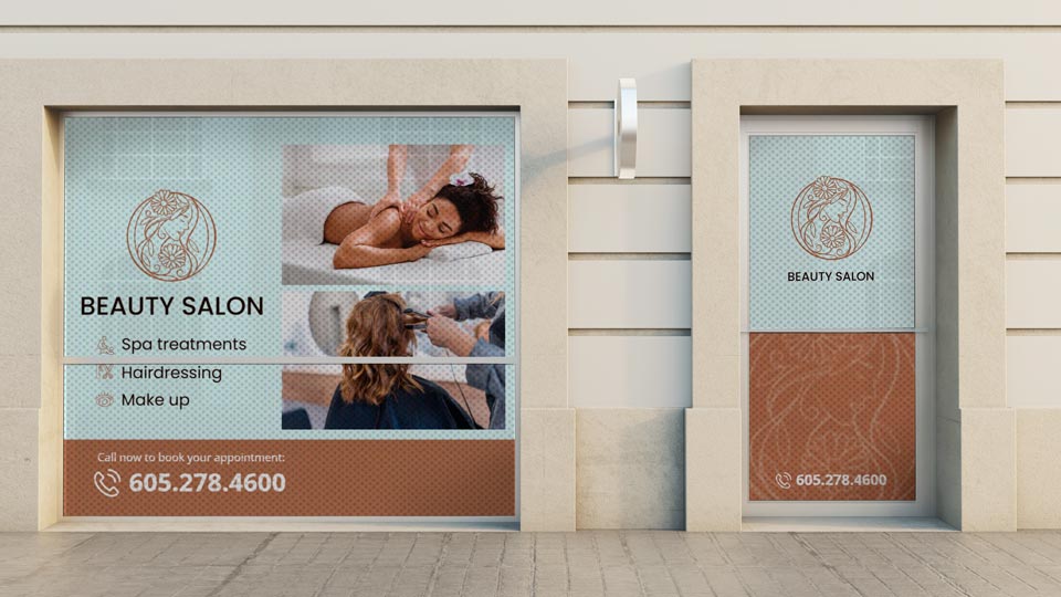 Tranquil store window graphics for a beauty salon showcasing services and contact info