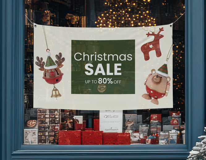A window-mounted Christmas banner reads "Christmas Sale Up to 80%" and displays Christmas toys