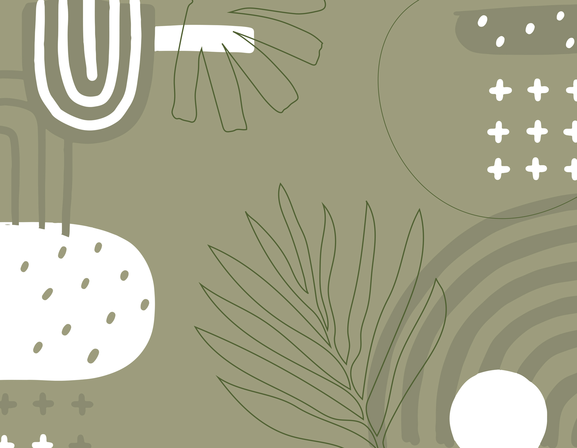 Olive green background with minimalist line drawings of botanical and abstract shapes.