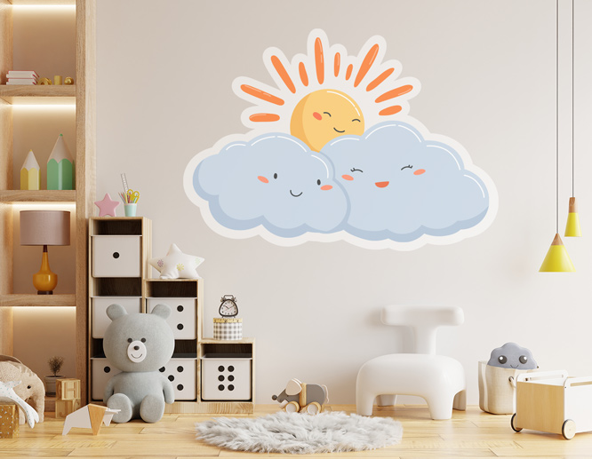 Custom shaped nursery wall decal depicting smiling sun and clouds