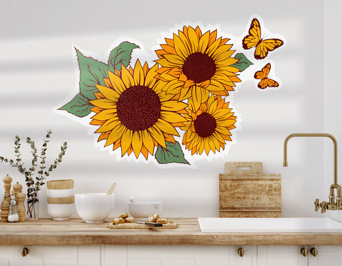 Orange-hued sunflower and butterfly decals for kitchen walls” style=