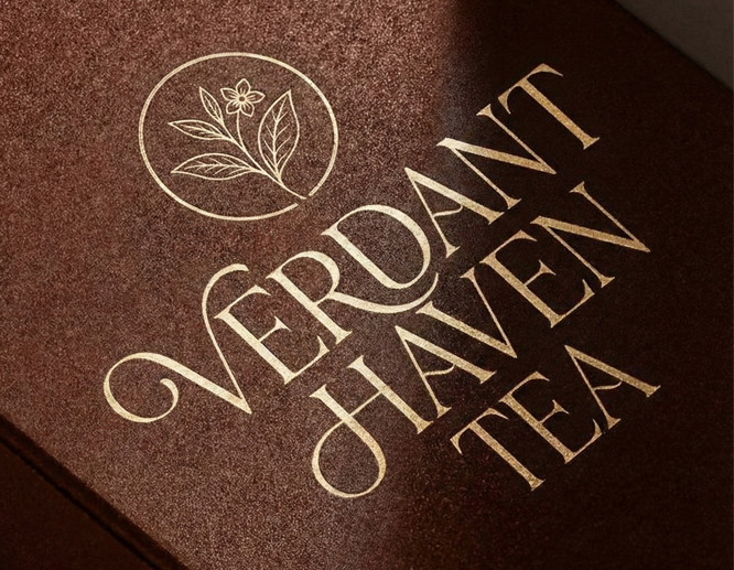 Gold foil Verdant Haven Tea text with botanical leaf logo on brown textured surface.