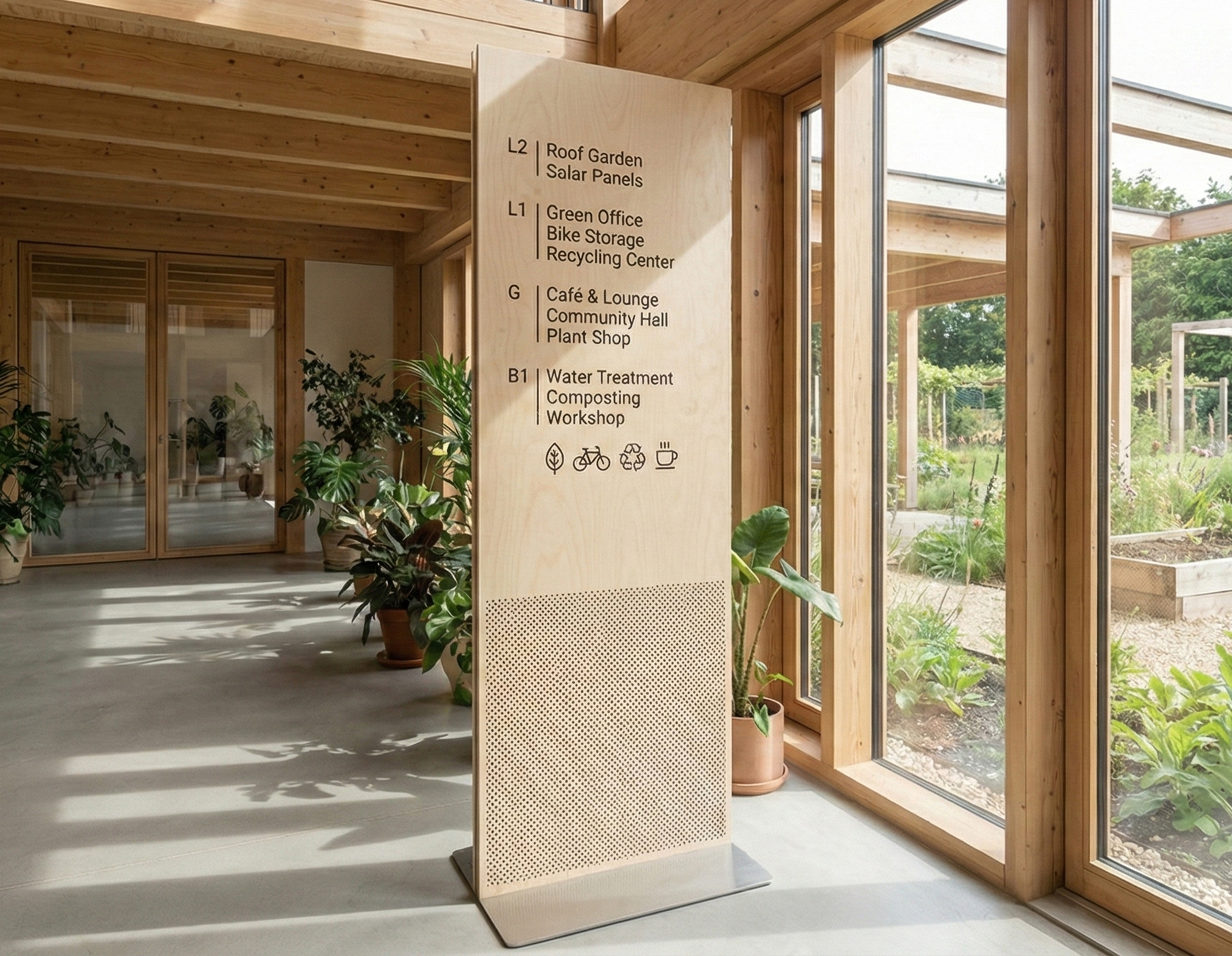 Free-standing sustainable signage made of wood featuring designated areas.