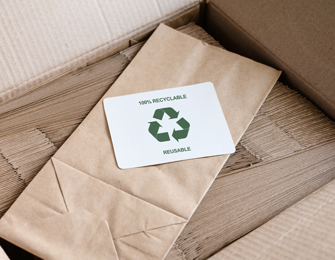 Eco-friendly recyclable packaging with sustainability label and kraft paper envelope.