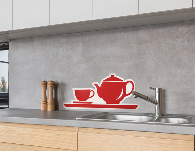Red tea set kitchen wall decal displayed at the tap” style=