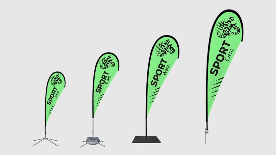 Sport event teardrop flags in different sizes and with different construction bases