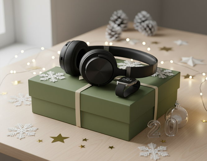 Black wireless headphones on green gift box with checkered ribbon.