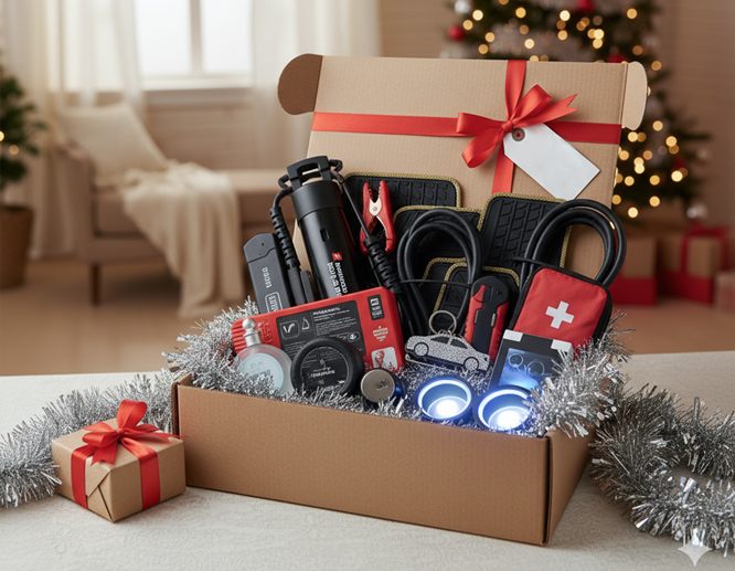 Christmas tech gift box with camera, headphones, flashlights, and gadgets.