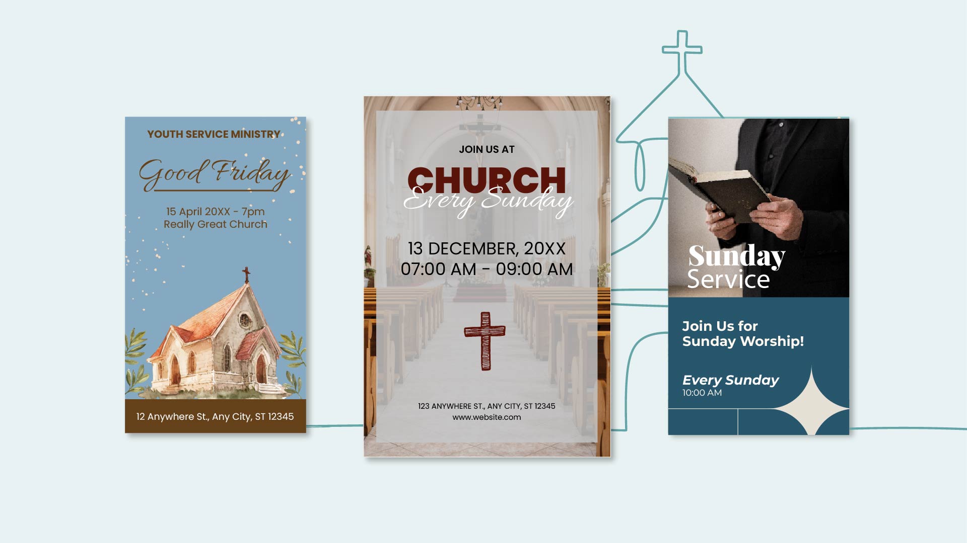 Gradient church signs announcing upcoming events and worship services