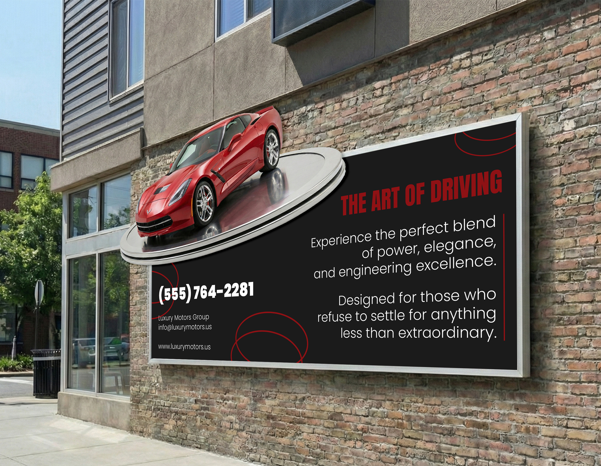 Large 3D sign on the storefront featuring a red car popping out of the main design.