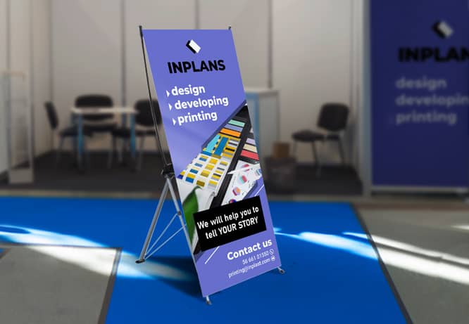 Exhibition stand banner design in purple and black presenting information by bullet points