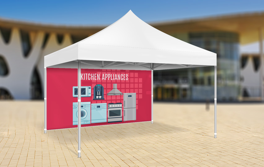 Promotional tent banner illustrating a company name and products attached to a canopy tent