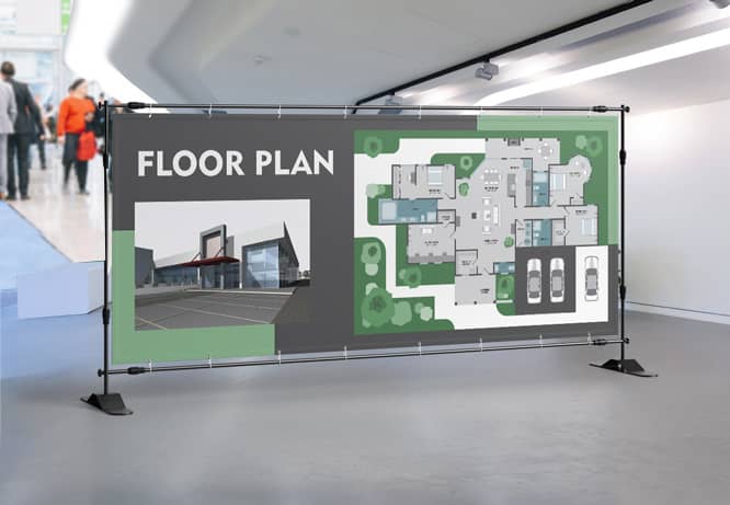 Trade show detailed venue floor plan placed at the building entrance