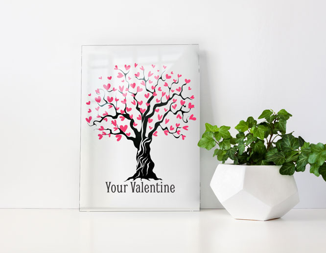 Romantic room decoration idea showcasing a clear table plaque illustrated with tree of love
