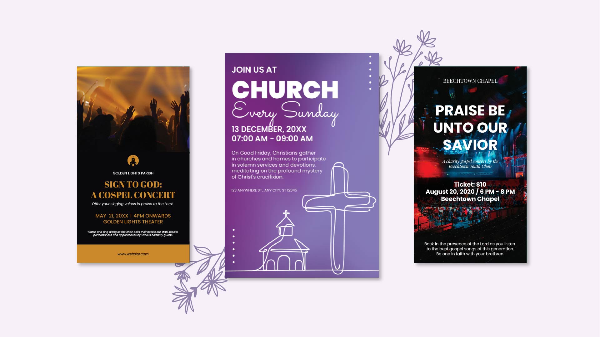 Church signs with religious messaging against a decorative background