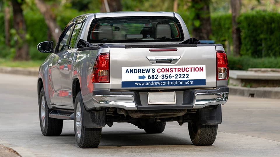 andrew's construction truck tailgate decal in blue and red