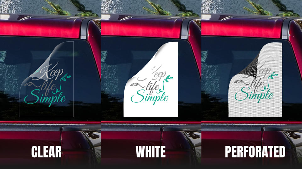 Transparent, white and one-way truck window decals with custom graphics.