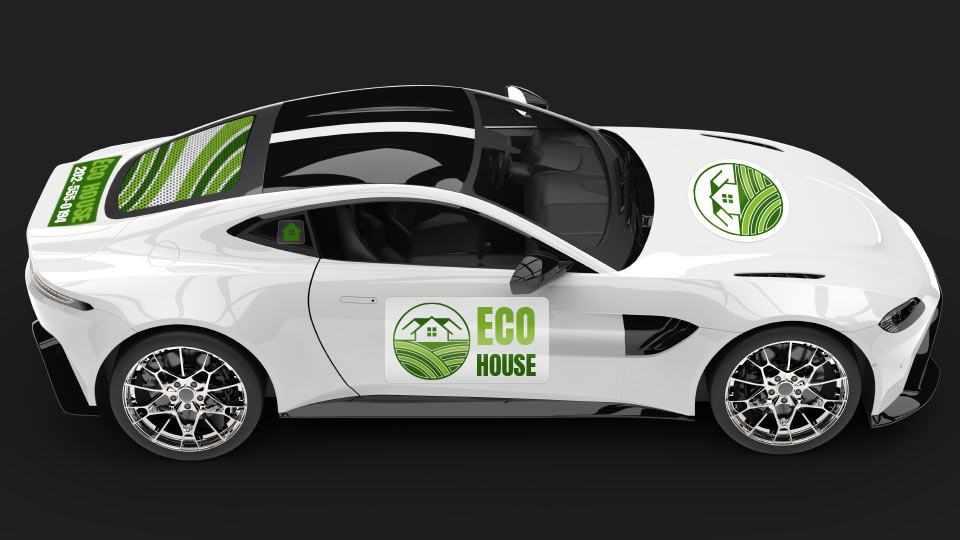 Green car decals with text and logo prints on different parts of the car