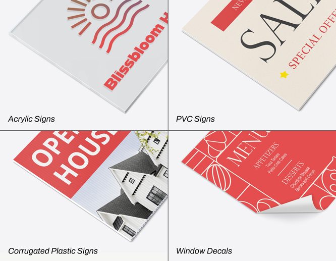A close-up of types of outdoor sigs with different images.