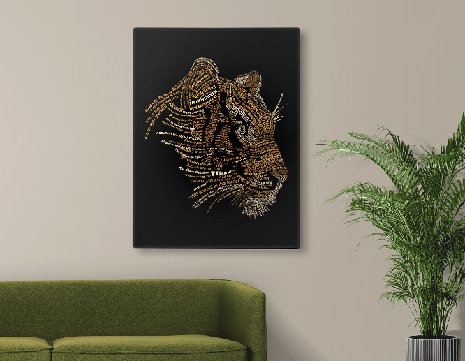 Dark-themed wall art design with an image of a tiger in a typography style